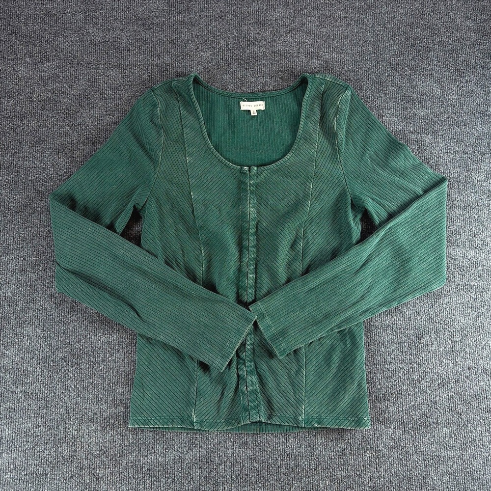 Gilded Intent Womens Green Ribbed Hook and Eye Long Sleeve Top Size L Casual